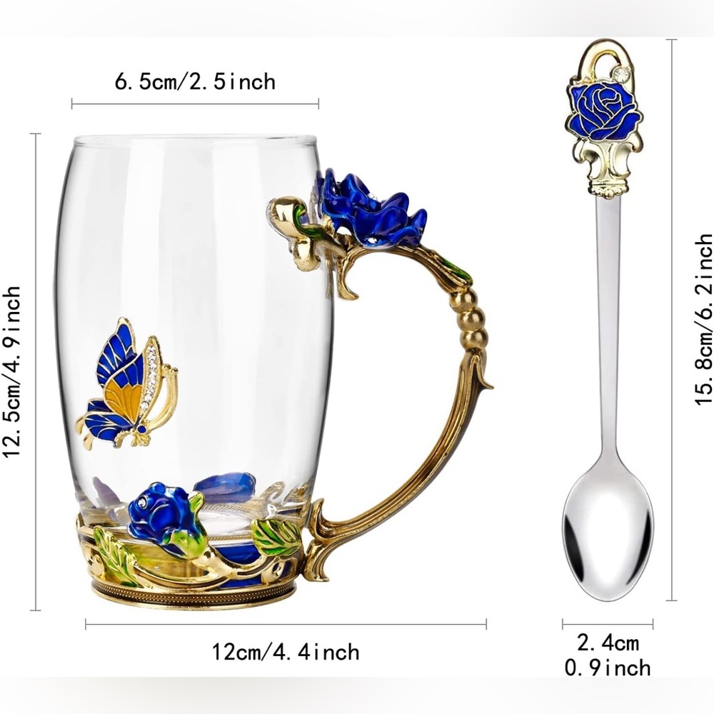 G-Dexir Royal Elegant Glass Mug with Blue Floral Design-Brand New!